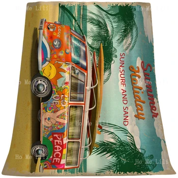 Surf Van Vacanța De Vară Poster Retro Autobuz Costa Rica Plaja Palmier, Soare, Plăci De Surf Și Nisip Flanel Pătură De Ho-Mi Lili