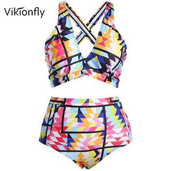 Vikionfly Plus Dimensiune Costume de baie Bikini Femei 2020 Benzi Colorate de Talie Mare de costume de Baie de Mari Dimensiuni Costum de Baie Pentru Big Breast 4XL